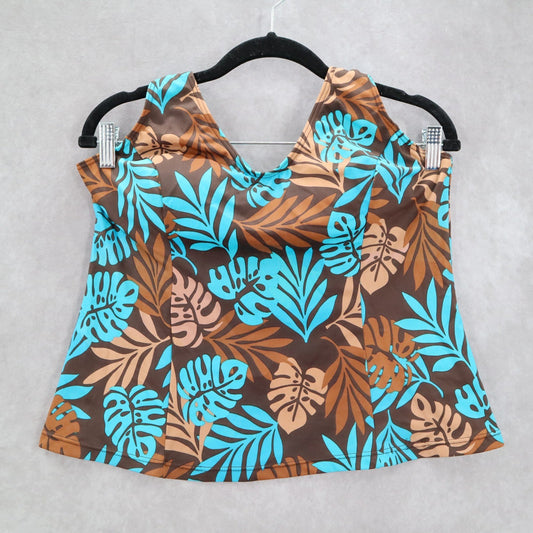Brown Blue Tropical Leaf Halter Tie Padded Swim Beach Tankini Top L Large