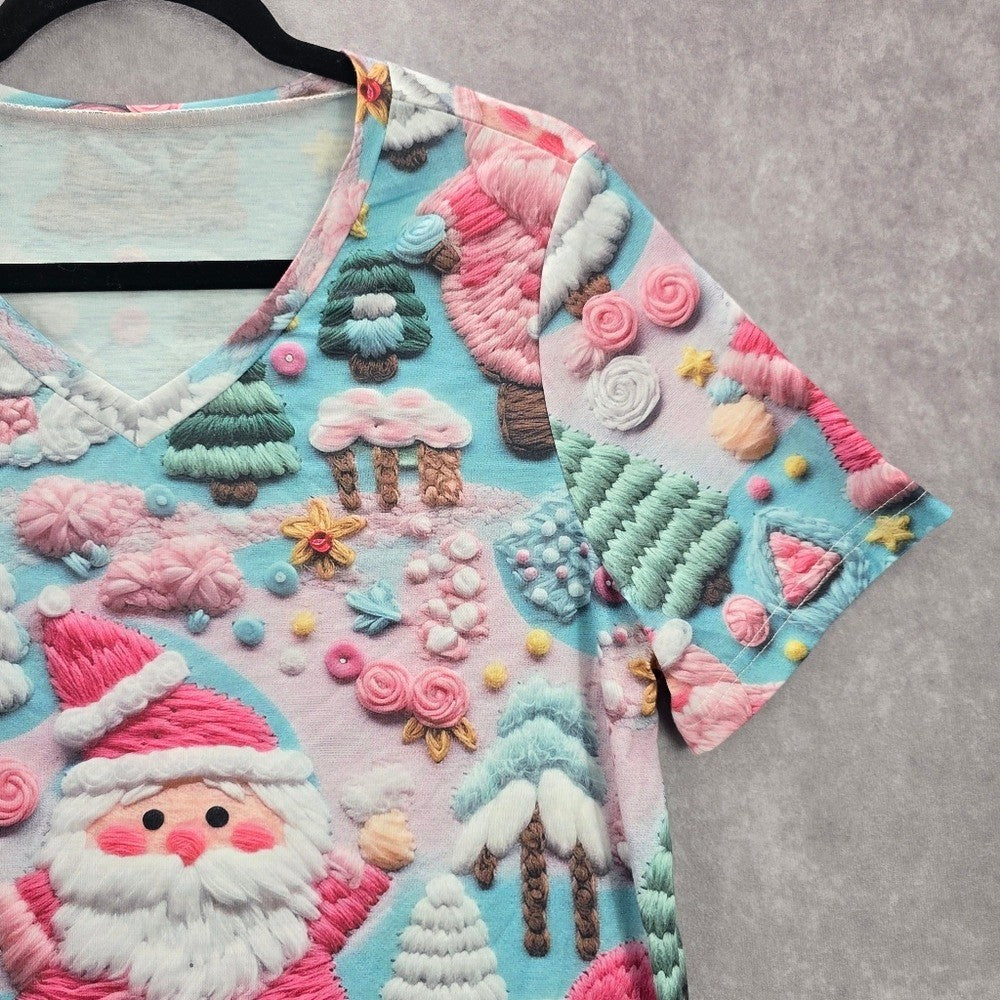 Blue Santa Candy Cane Cute Y2K Christmas Holiday Tree Artsy Tshirt Top Medium