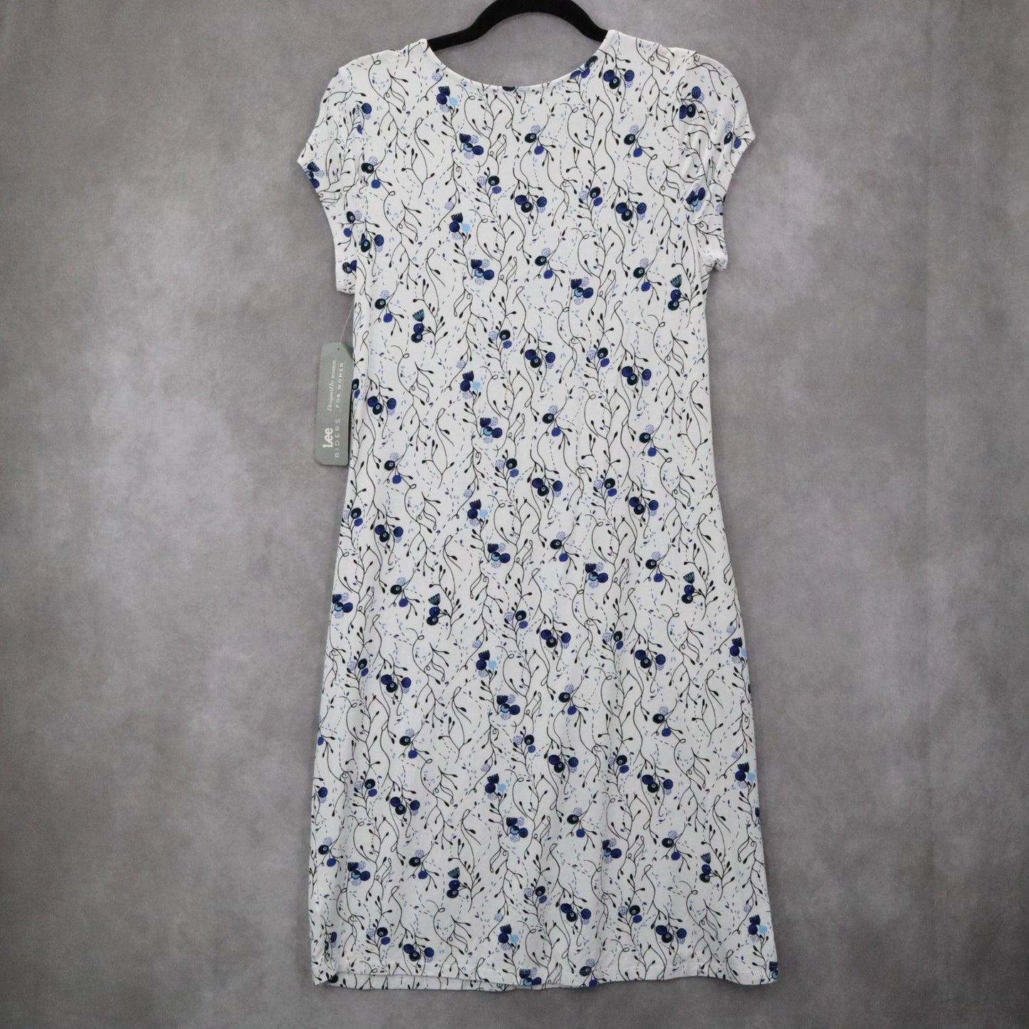 Riders by Lee White Floral Midi Dress Blue V-Neck Casual A-Line Flare S Small