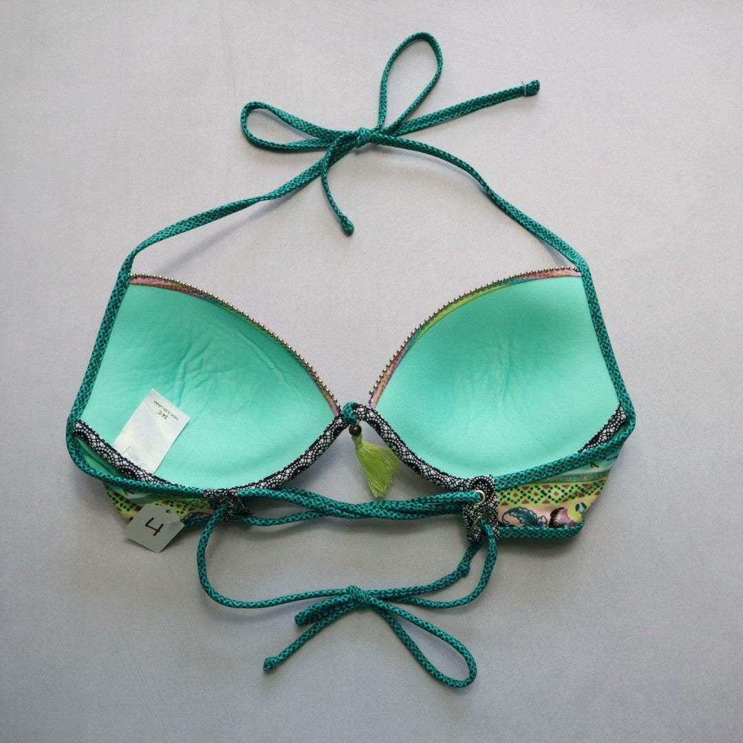 Green Floral Padded Tie Gold Bead Tassel Swim Sports Bra Bralette Bikini Top 34C