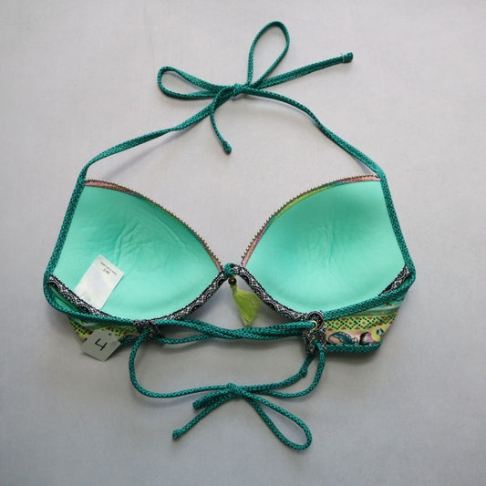 Green Floral Padded Tie Gold Bead Tassel Swim Sports Bra Bralette Bikini Top 34C