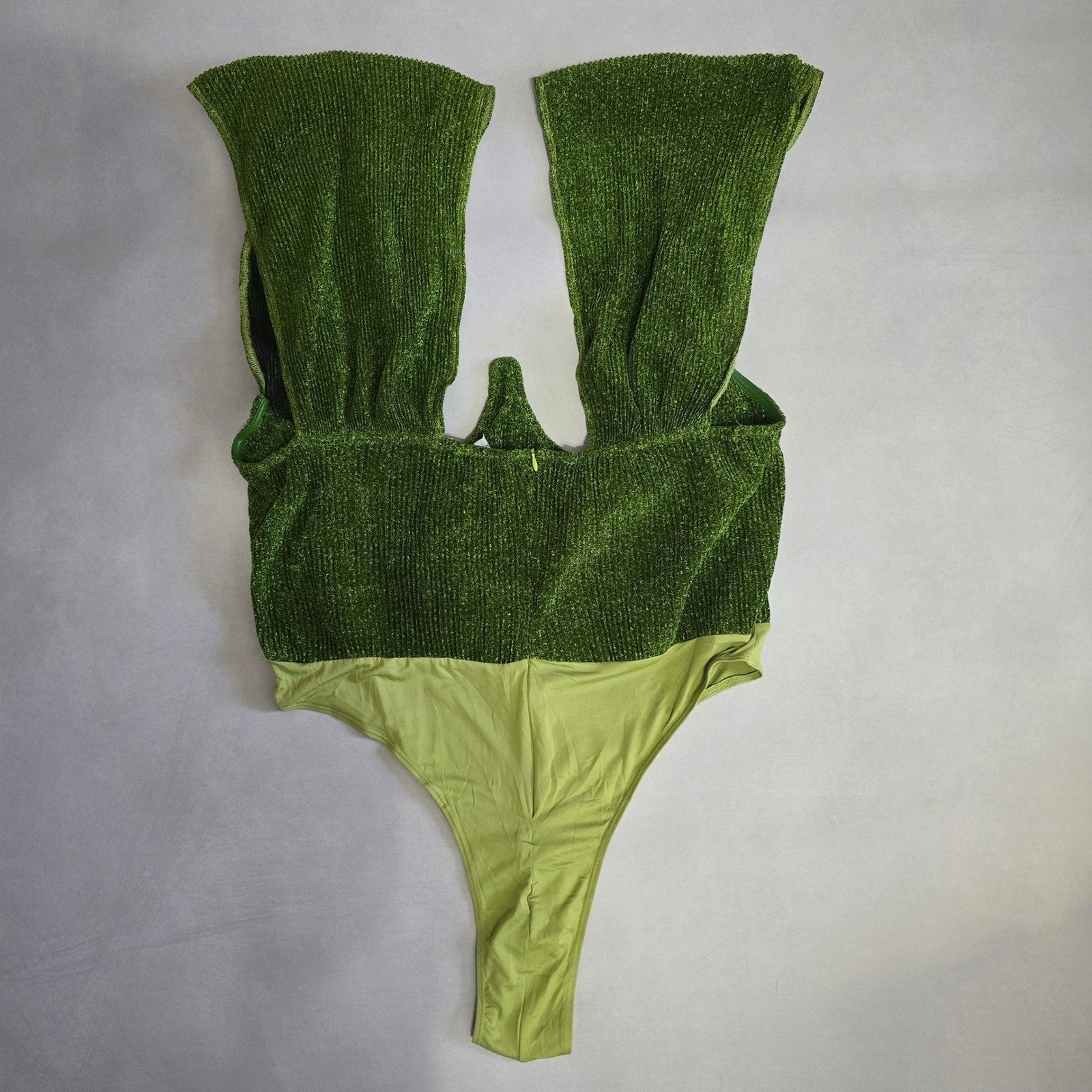 Pretty Little Thing Green Sparkle Plunge V Neck One Piece Bodysuit Top Plus 18