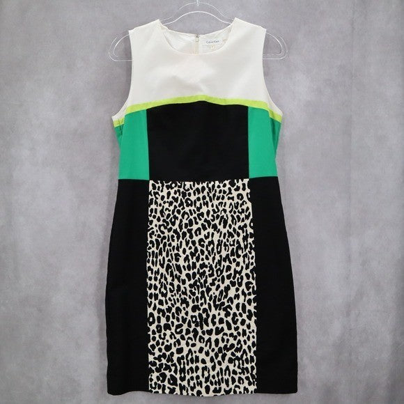 Calvin Klein Animal Black Green Leopard Knee Length Preppy Classic Dress 10