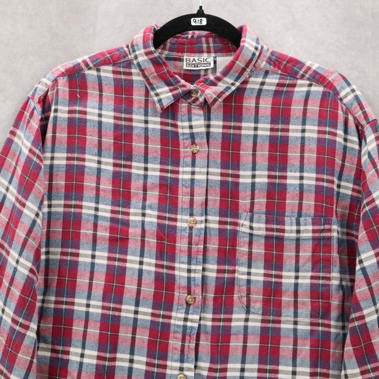 Basic Editions Red Flannel Plaid Long Sleeve Button Down Western Utility Large