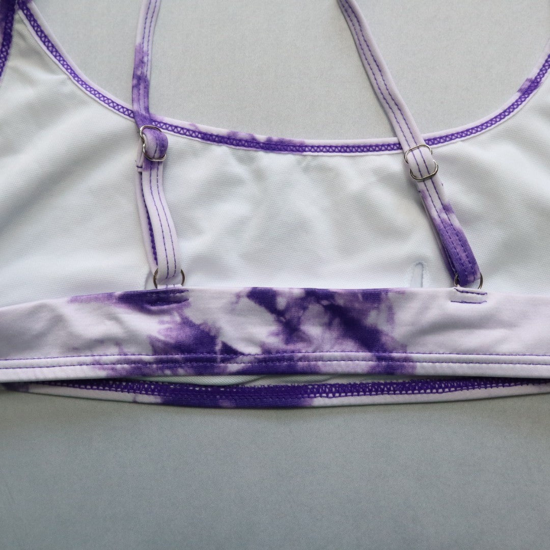 Purple Tie Dye Pull On Swim Boho Hippie Sports Bra Bralette Bikini Top L Large