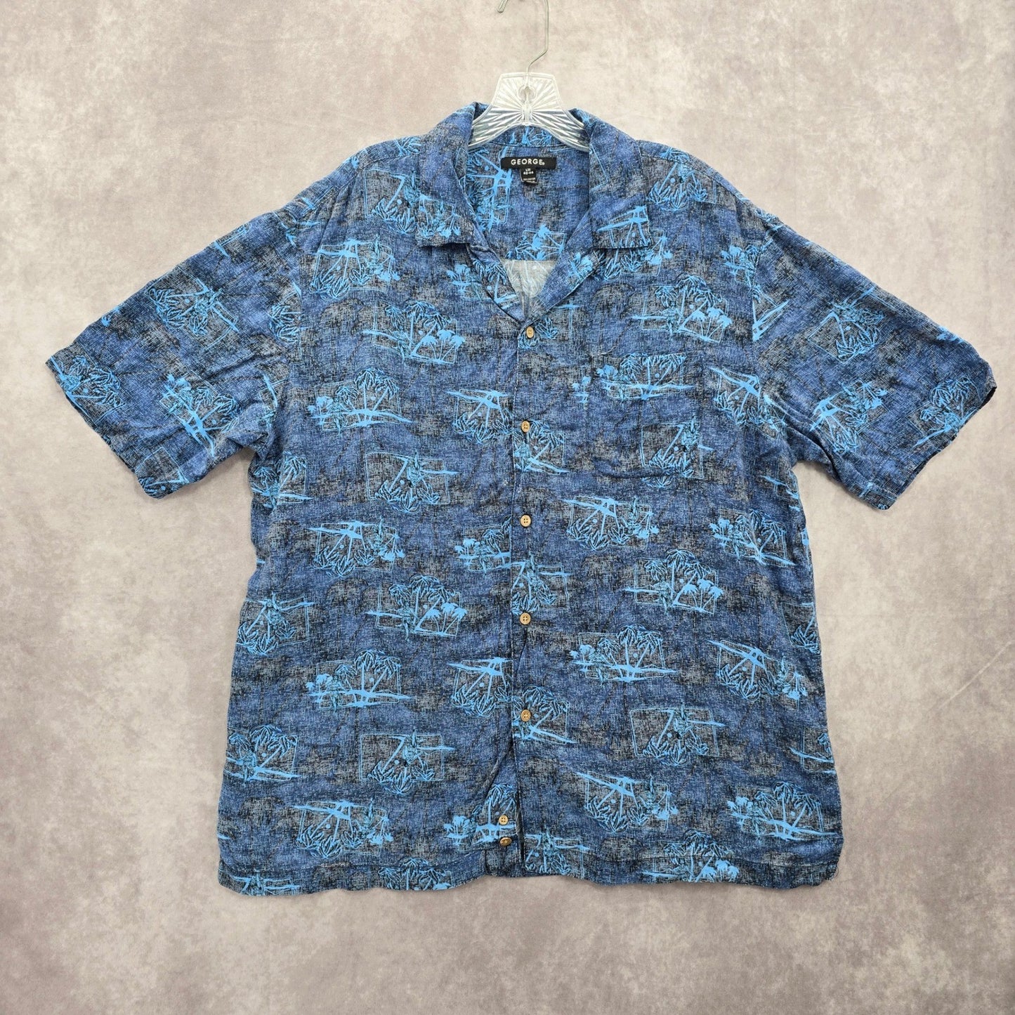 George Blue Beach Palm Tropical Surf Island Relaxed Hawaiian Shirt Large