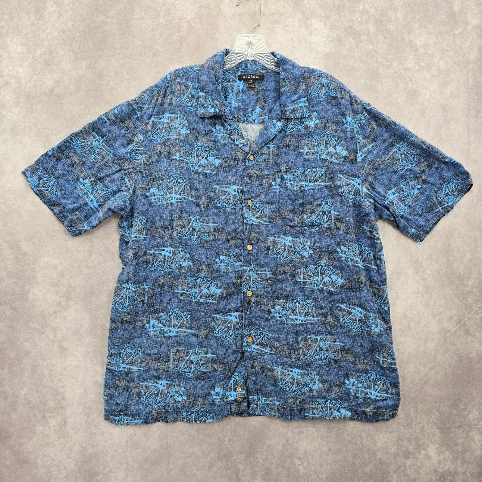 George Blue Beach Palm Tropical Surf Island Relaxed Hawaiian Shirt Large