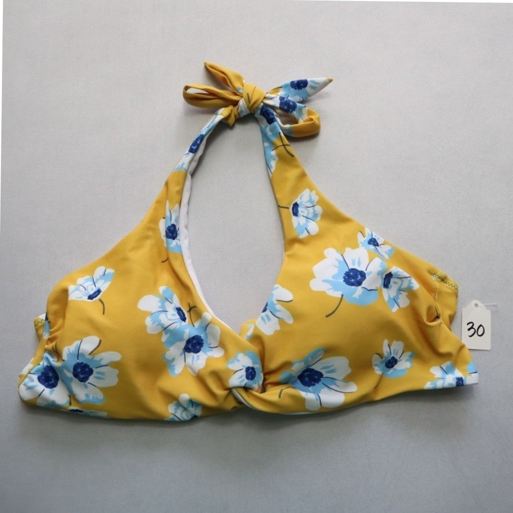 Yellow Floral Padded Halter Tie Knot Boho Swim Sports Bra Bikini Top L Large