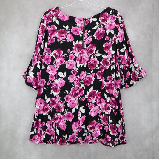 Torrid Floral Blouse 3/4 Sleeve V-Neck Tunic Top Black Pink Rose Print Flowy 2