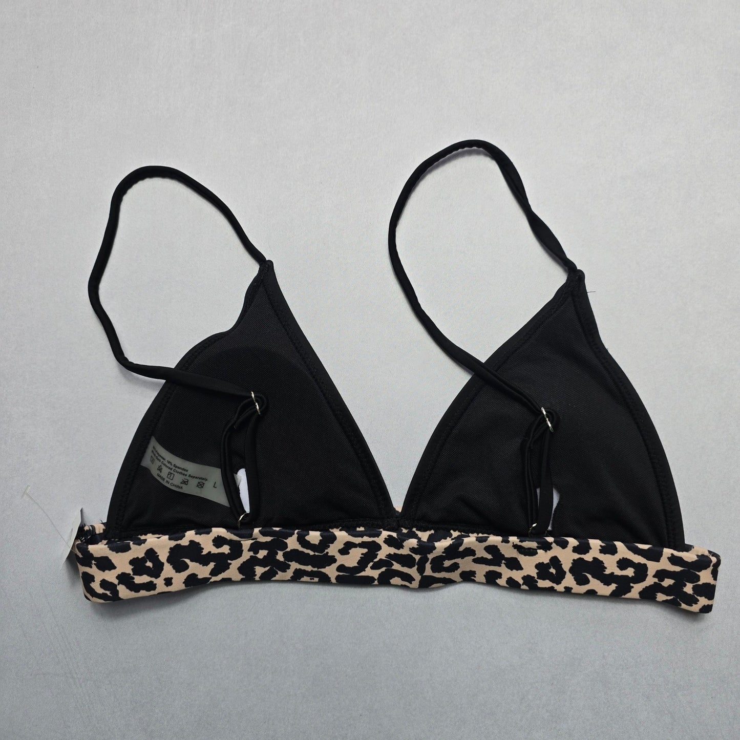 Black Animal Print Pull On Swim Sports Bra Beach Bralette Bikini Top L Large