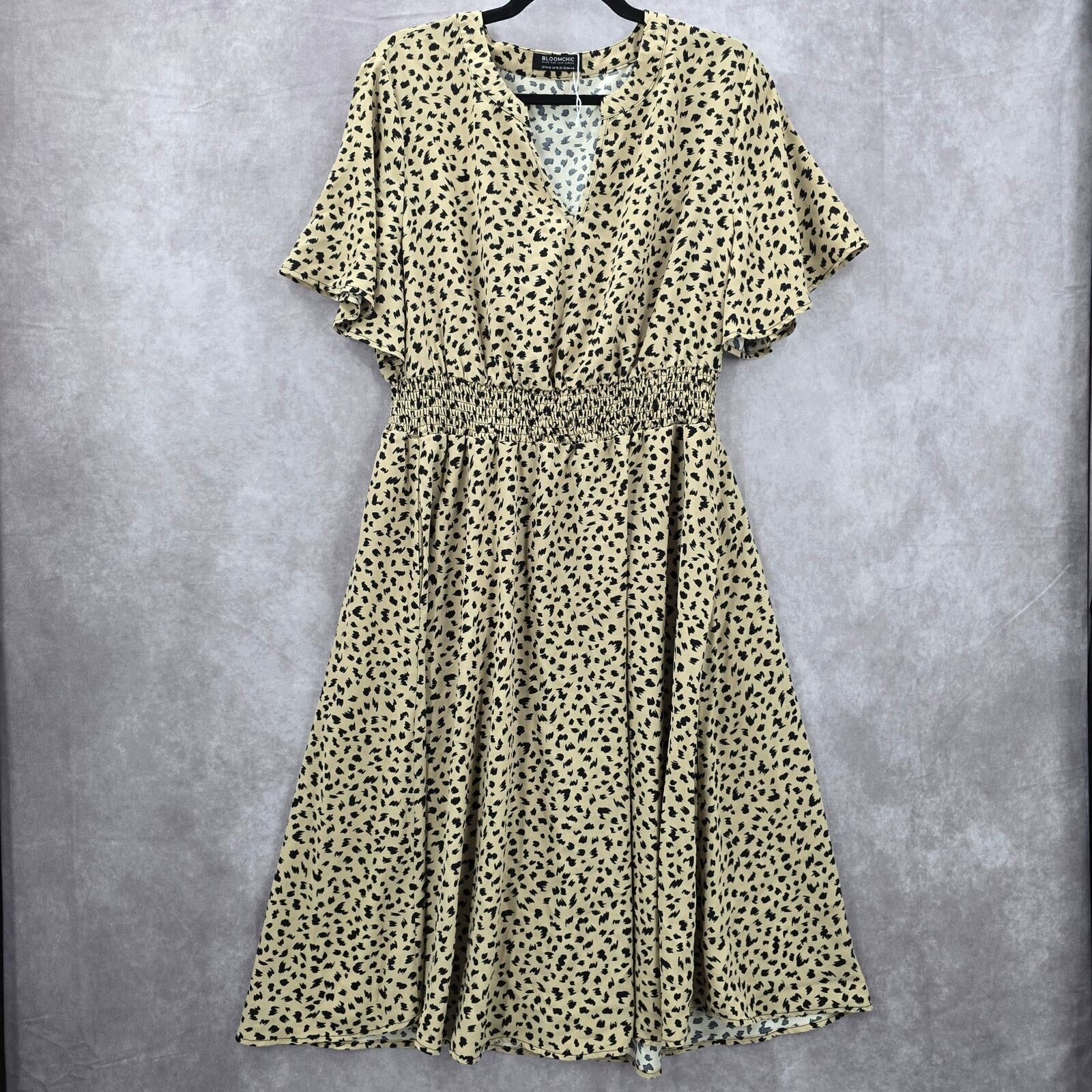Bloomchic Animal Print Flutter Office Short Sleeve Flowy Flare Midi Dress XL