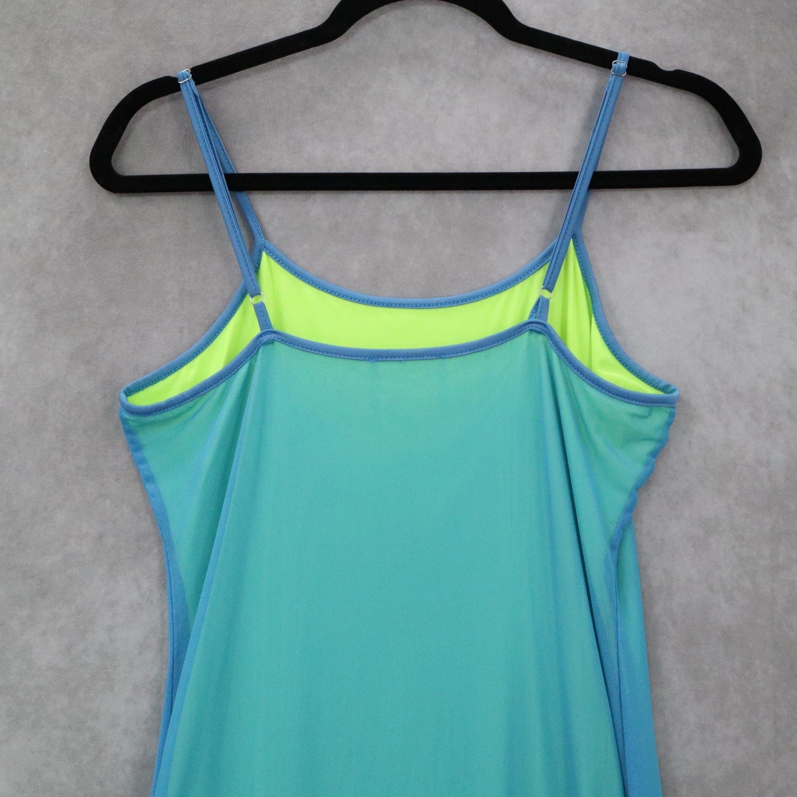 Blue Neon Bodycon Dress Spaghetti Strap Asymmetrical Hem Mesh Ruched Side Small