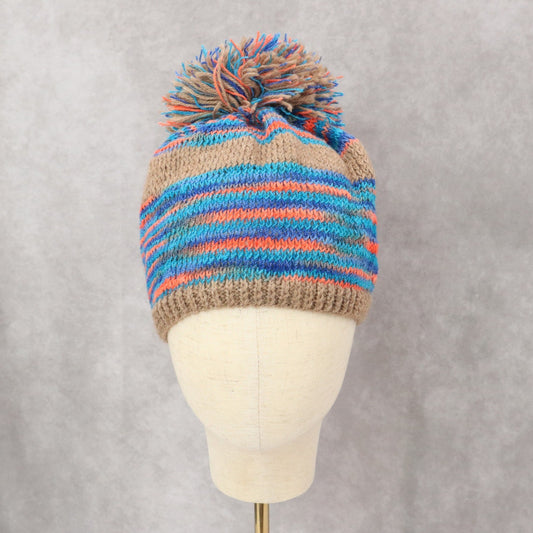 Brown Crochet Multi Color Cable Knit Pom Pom Y2K Vintage Beanie Cap Hat