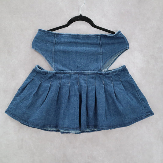 Spoon Jeans Blue Cutout Zip Mini Cotton Denim Pleated Flare Y2K Skirt L Large