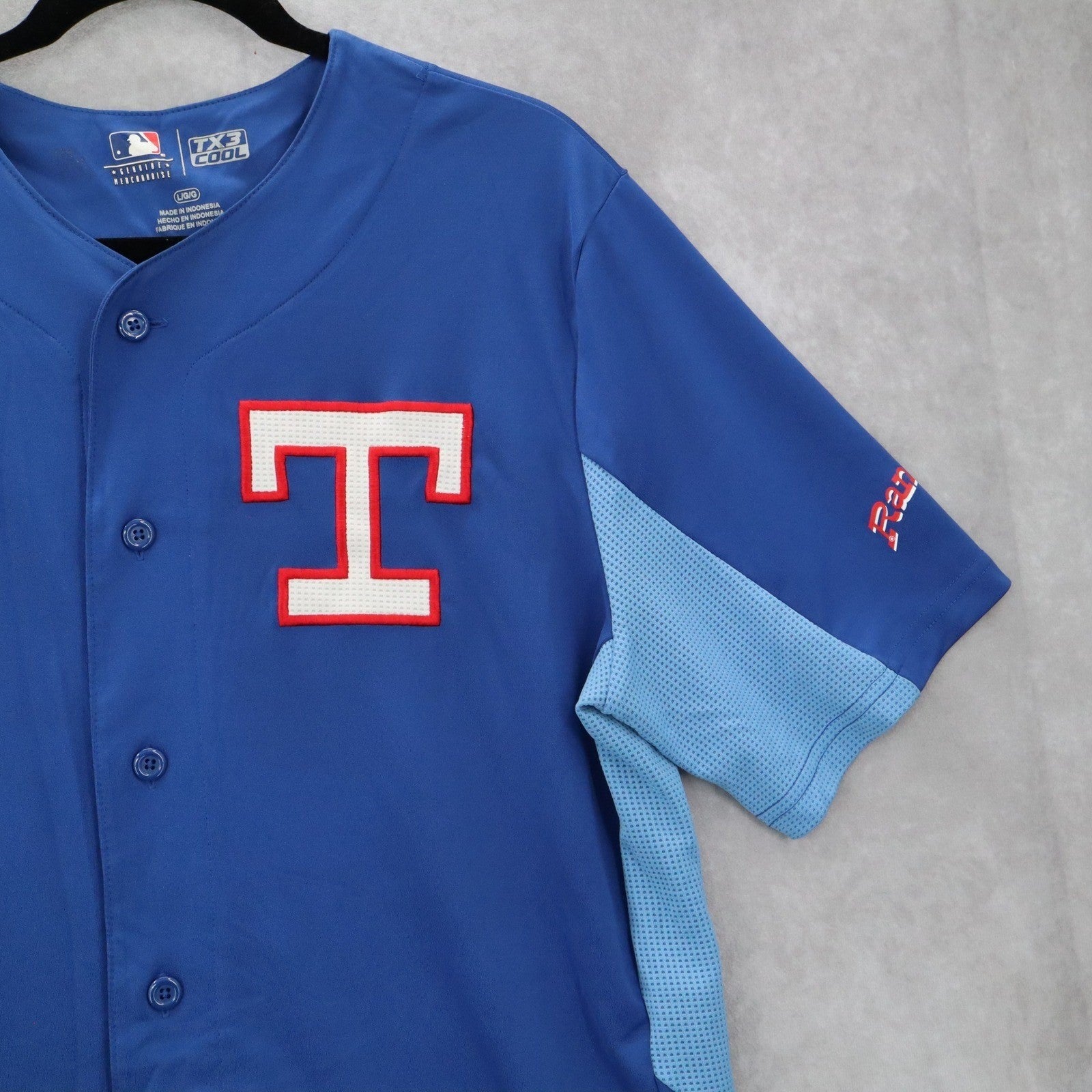 TX3 Cool Blue Mens Baseball Fan Texas Rangers Button Jersey Merchandise Large