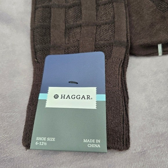 Haggar Brown Chocolate Weave Logo Print Mens Dress Socks Shoe Sise 6-12.5