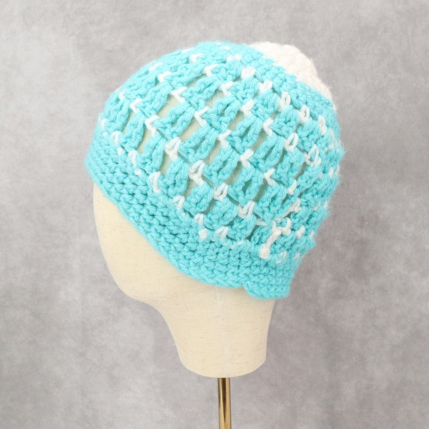 Blue Cable Knit White Handmade Y2K Vintage Cozy Winter Beanie Cap Hat