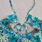 Reel Legends Blue Tropical Shell Tie Swim Sports Bra Beach Bikini Top M Medium