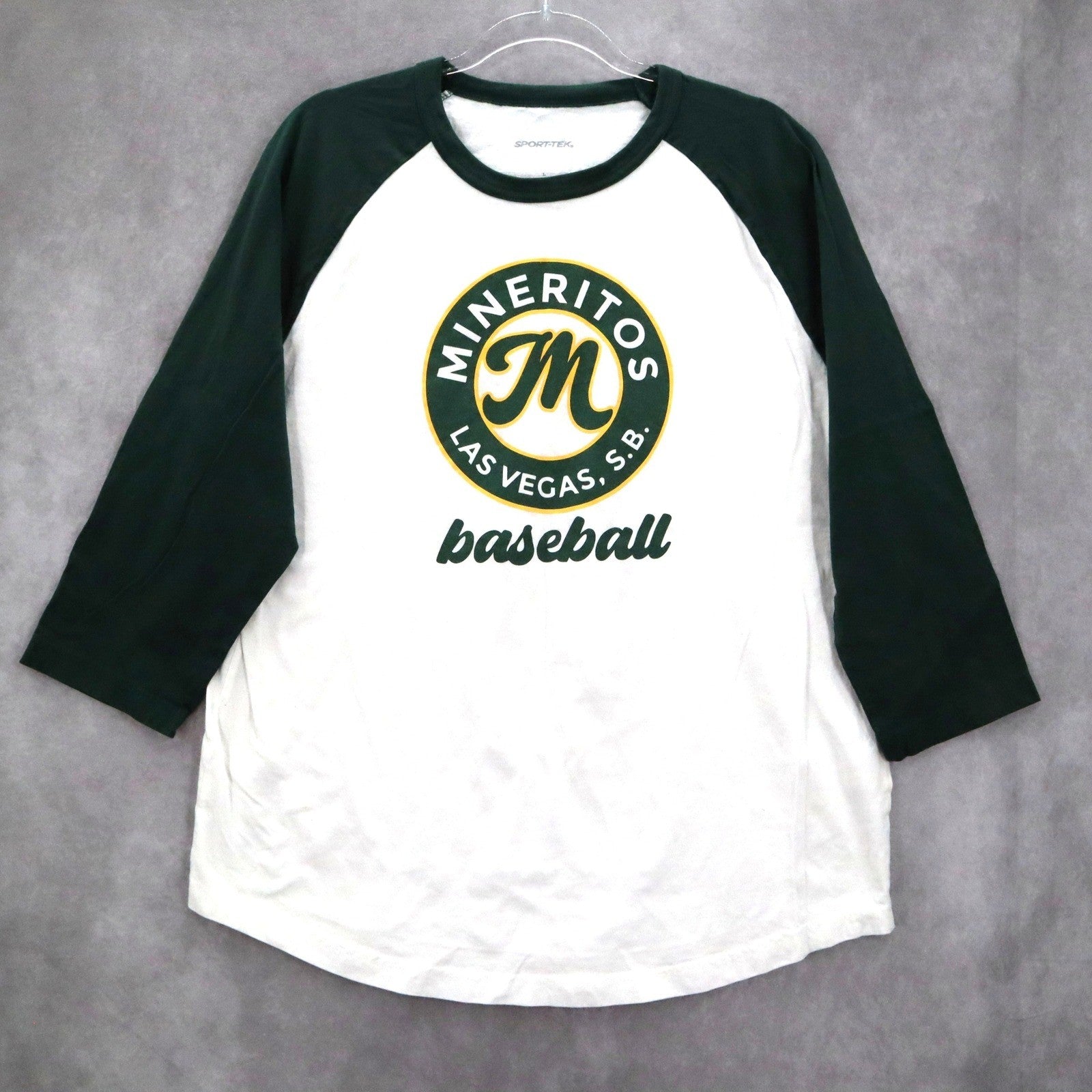 Sport Tek White Green Mineritos Baseball Tee Tshirt Raglan Top L Large