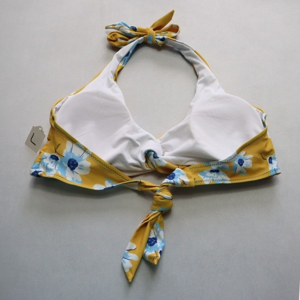 Yellow Floral Padded Halter Tie Knot Boho Swim Sports Bra Bikini Top L Large
