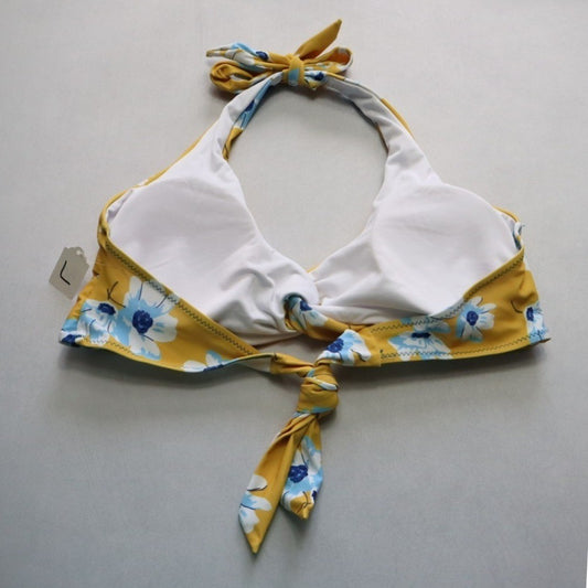 Yellow Floral Padded Halter Tie Knot Boho Swim Sports Bra Bikini Top L Large