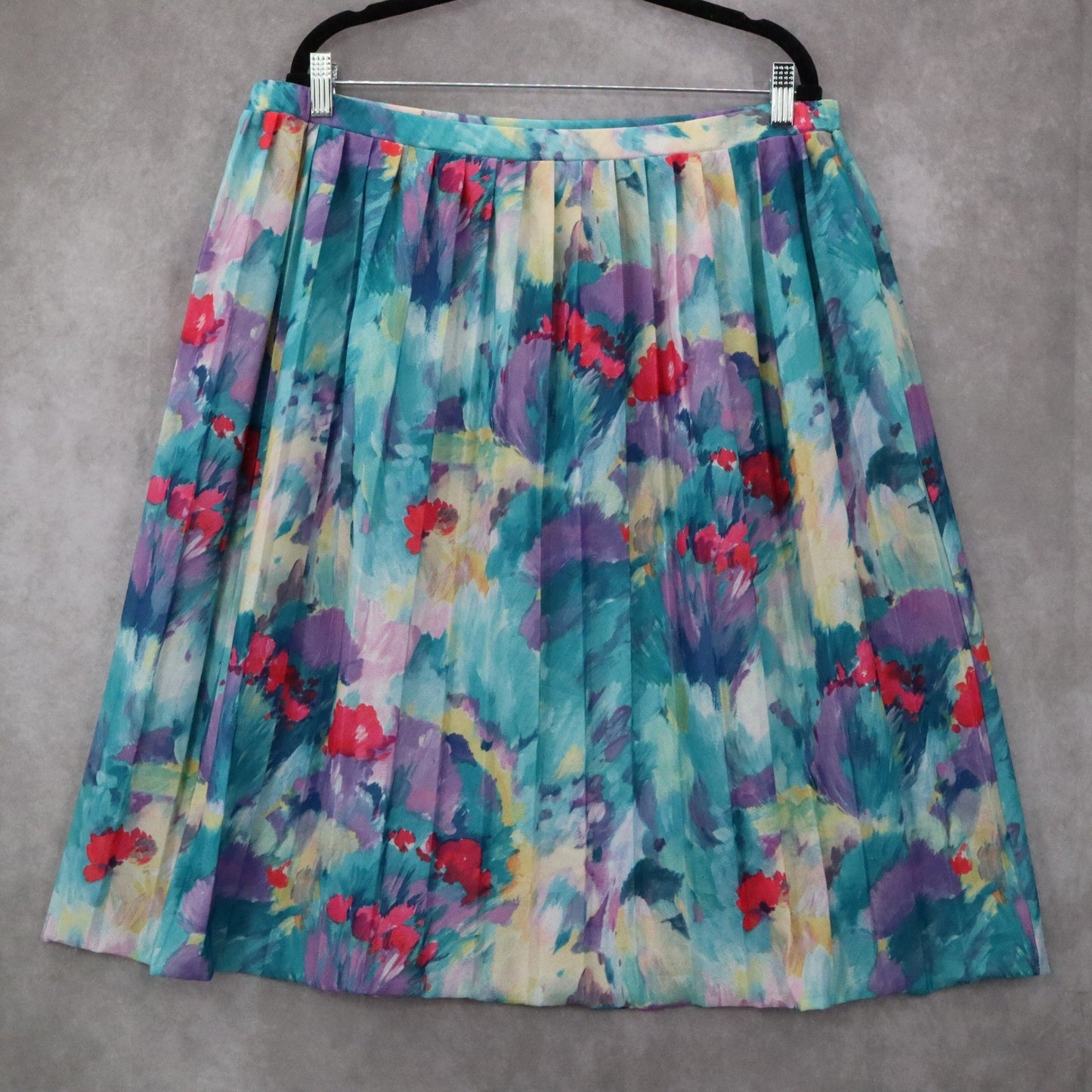Floral Pleated Midi Skirt Watercolor Print A-Line Retro Cottagecore Chic Plus 16