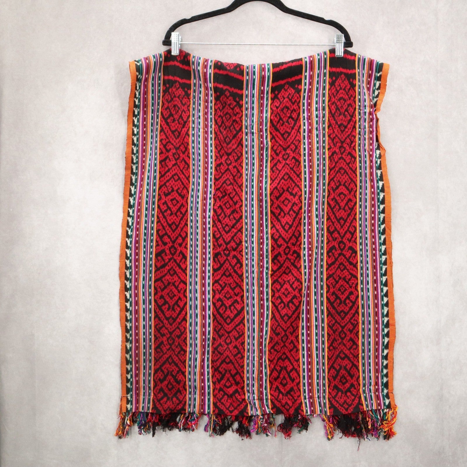 Red Tassel Geometric Rectangle Tribal Boho Shawl Wrap Scarf