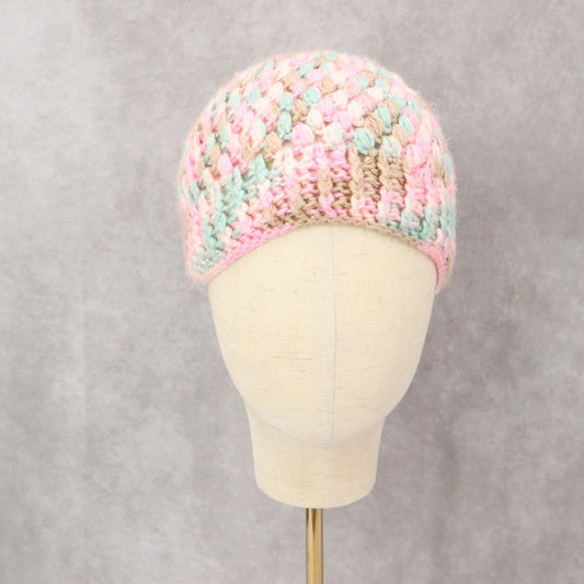 Pink Crochet Cable Knit Y2K Vintage Cottage Cozy Beanie Cap Hat OS