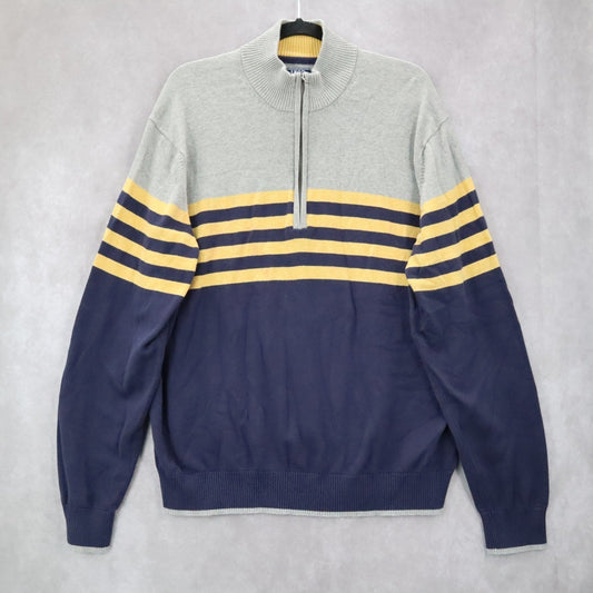 Izod Blue Pull Over Half Zip Long Sleeve Stripe Mock Neck Sweater XL Extra Large