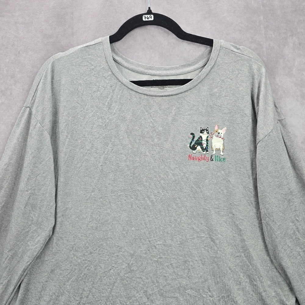 Gray Christmas Dog Cat Holiday Festival Relaxed Naughty Nice Print Top Medium