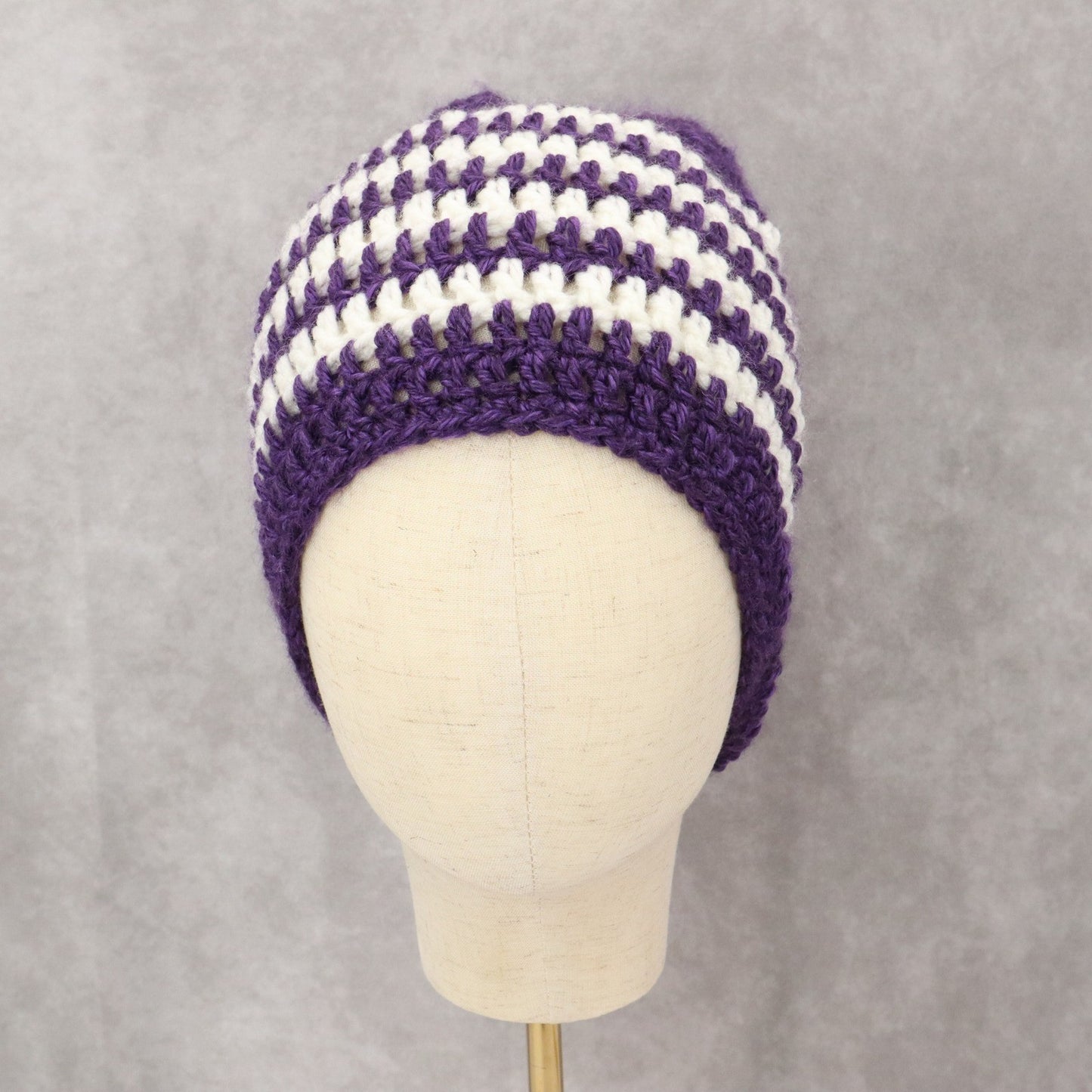 Purple Chevron Multi Color Crochet Cable Knit Y2K Vintage Cottage Beanie Cap Hat