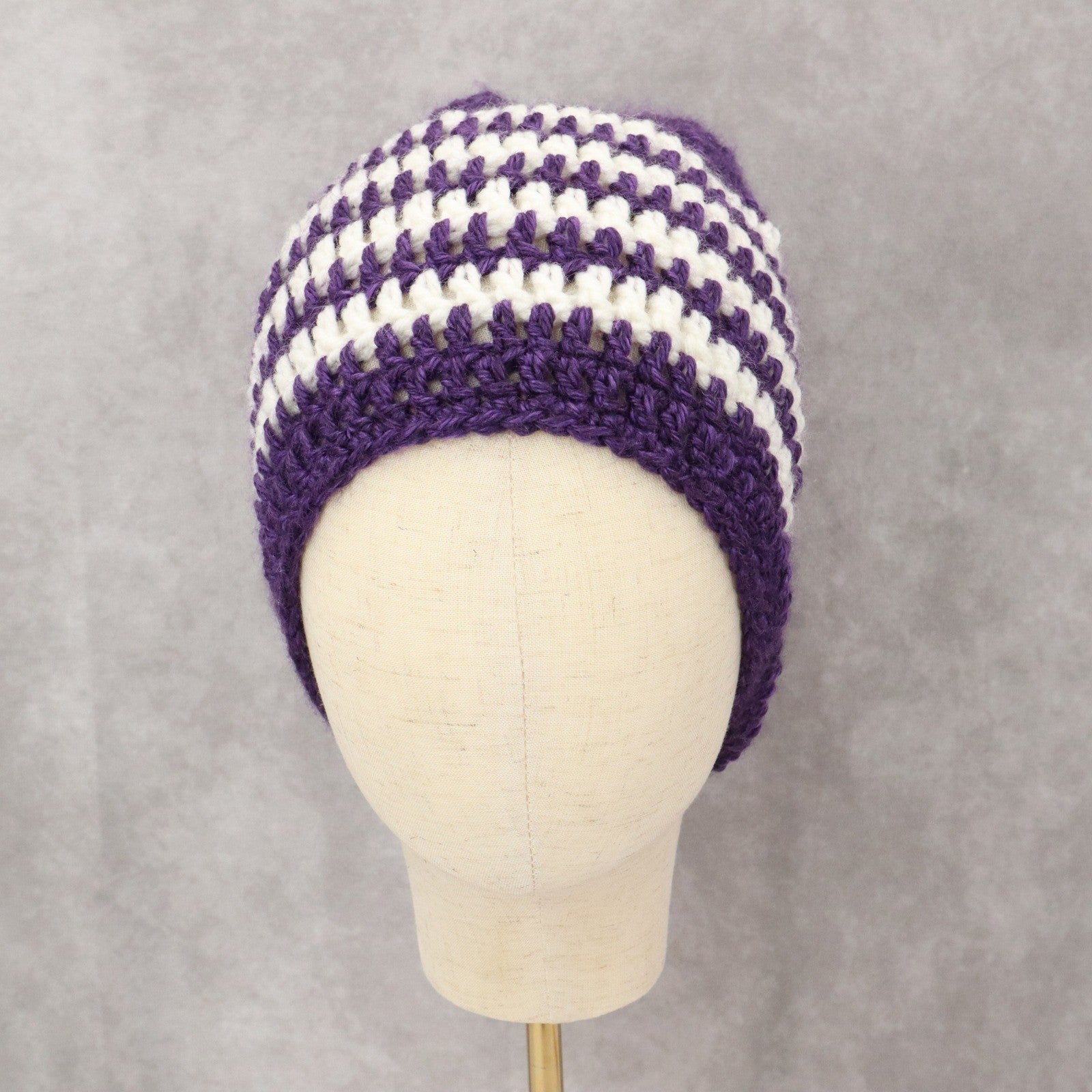 Purple Chevron Multi Color Crochet Cable Knit Y2K Vintage Cottage Beanie Cap Hat