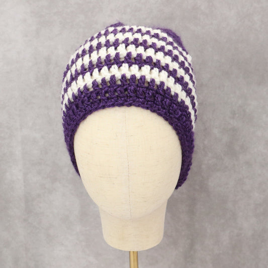 Purple Chevron Multi Color Crochet Cable Knit Y2K Vintage Cottage Beanie Cap Hat