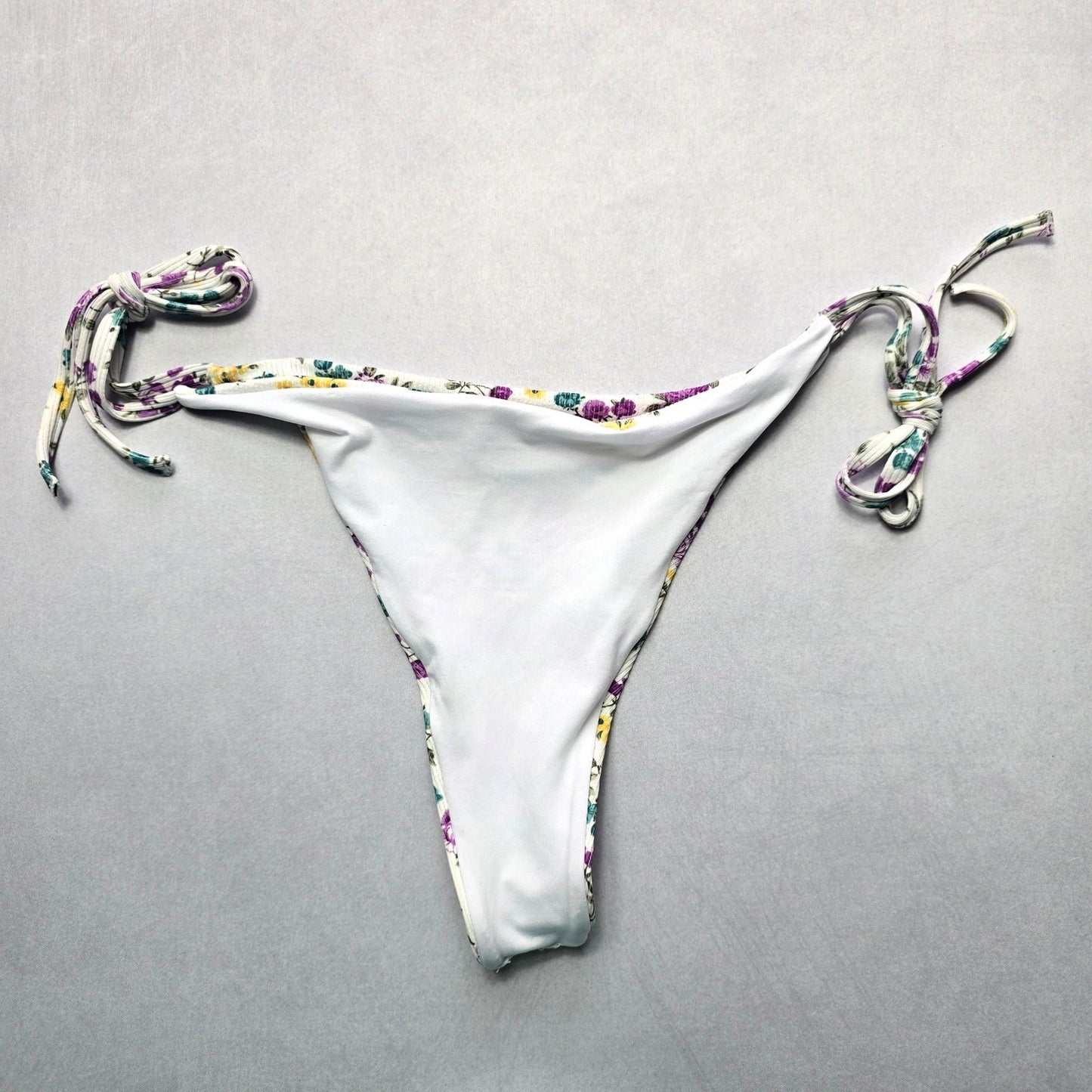 White Flower Ribbed Thong Tie Swim Beach Flirty Boho Bikini Bottom L Large
