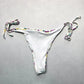 White Flower Ribbed Thong Tie Swim Beach Flirty Boho Bikini Bottom L Large