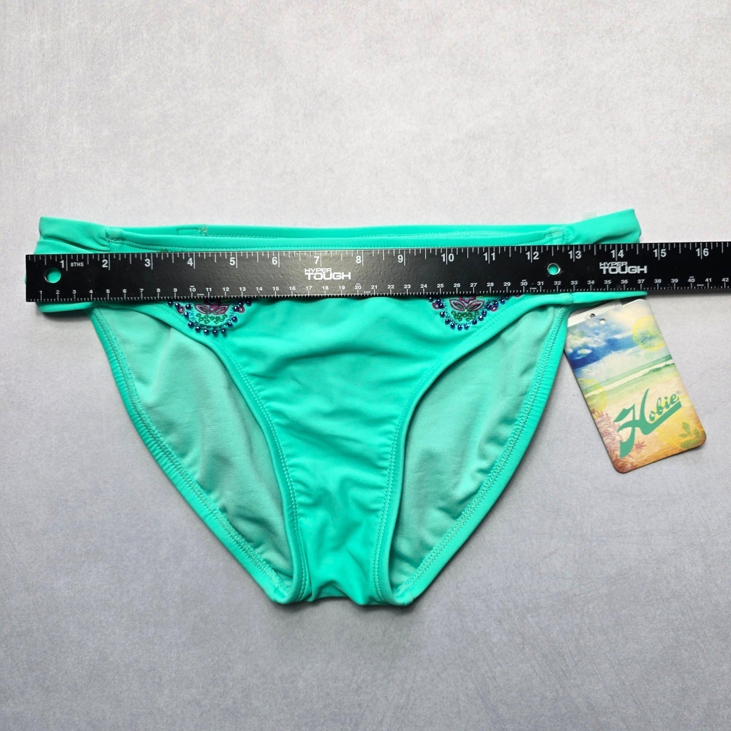 Hobie Green Bead Embroidered Floral Swim Beach Flirty Boho Bikini Bottom Large