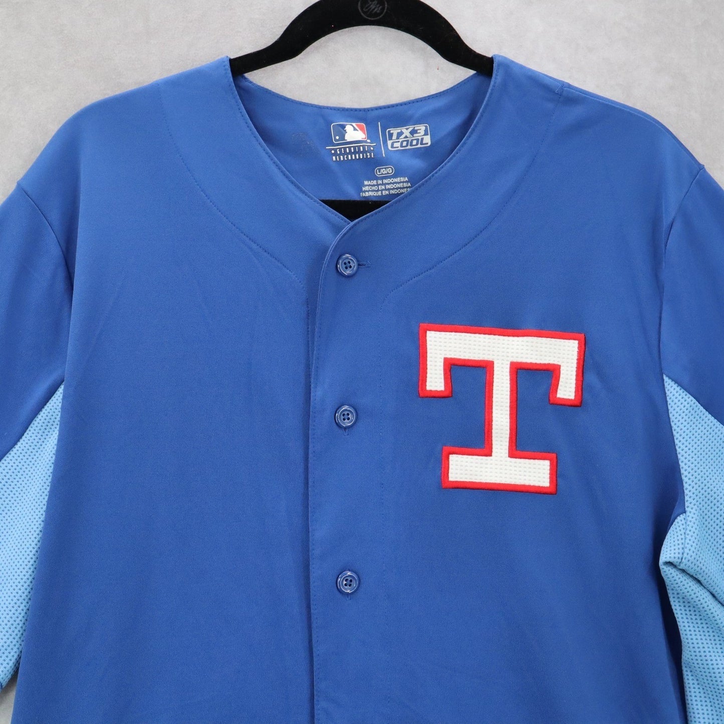 TX3 Cool Blue Mens Baseball Fan Texas Rangers Button Jersey Merchandise Large