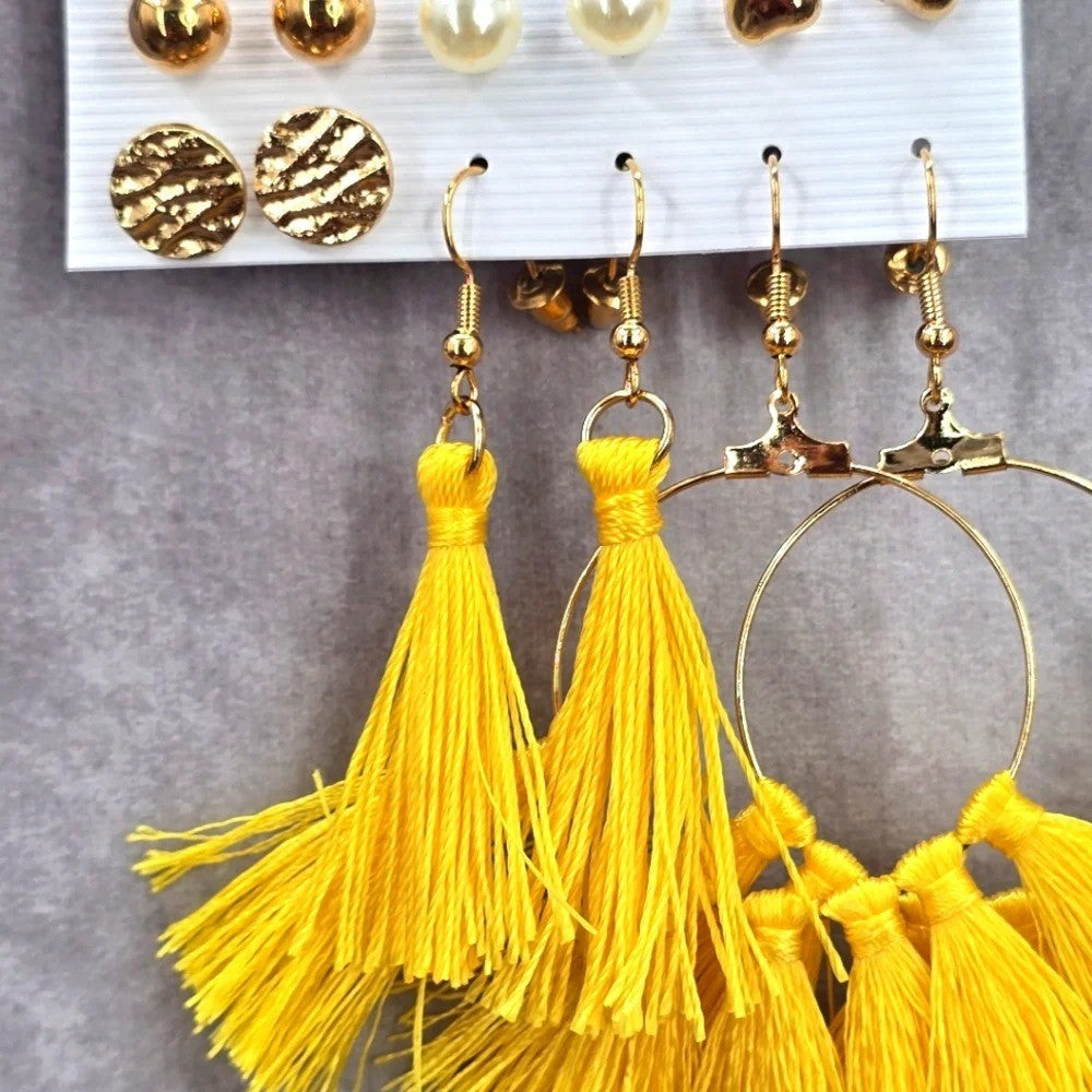 Gold Yellow Tassel Drop Dangle Stud Set Hook Fashion Jewelry Earrings JB2-55