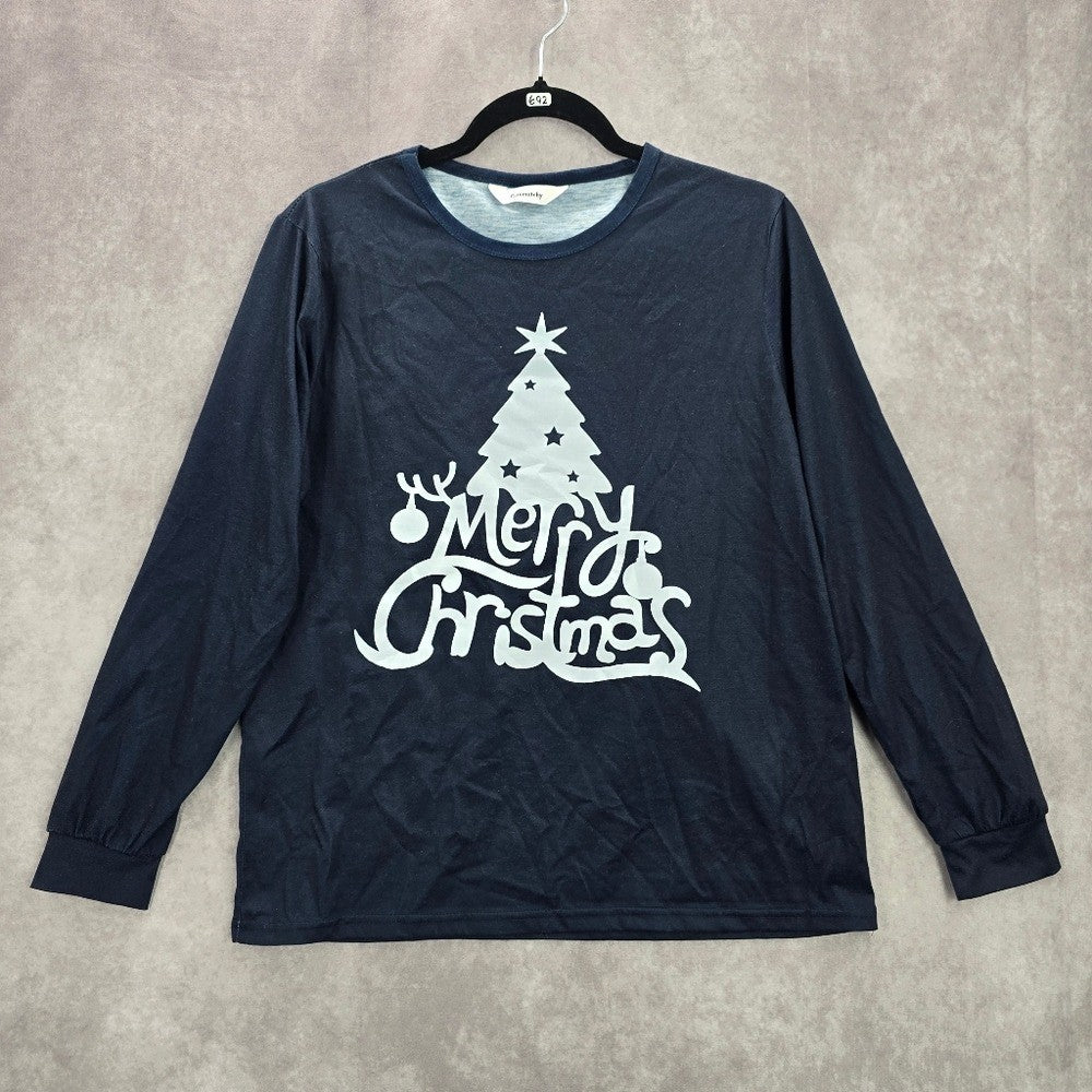 Cutematchy Navy Blue Merry Christmas Tree Print Y2K VTG Long Sleeve Top Medium