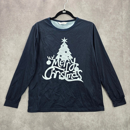 Cutematchy Navy Blue Merry Christmas Tree Print Y2K VTG Long Sleeve Top Medium
