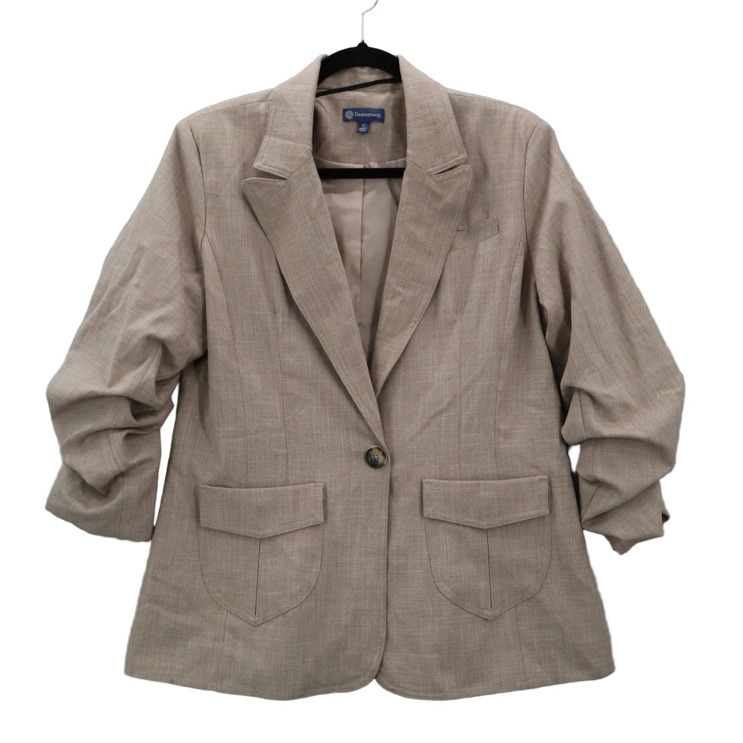 Democracy Tan Ruched Sleeve Business Casual Peak Suit Jacket Coat Blazer Medium