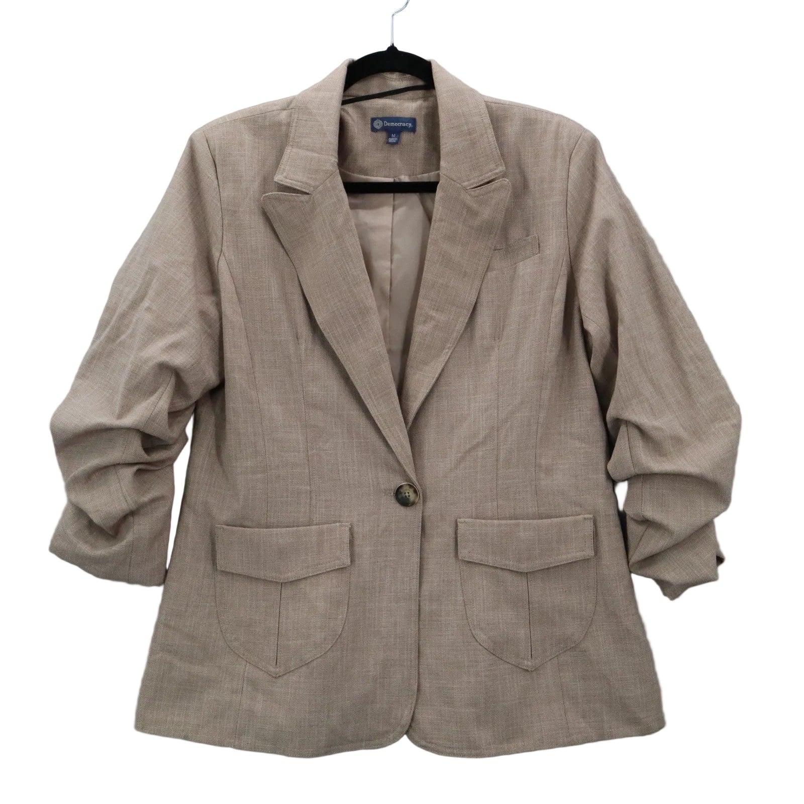 Democracy Tan Ruched Sleeve Business Casual Peak Suit Jacket Coat Blazer Medium