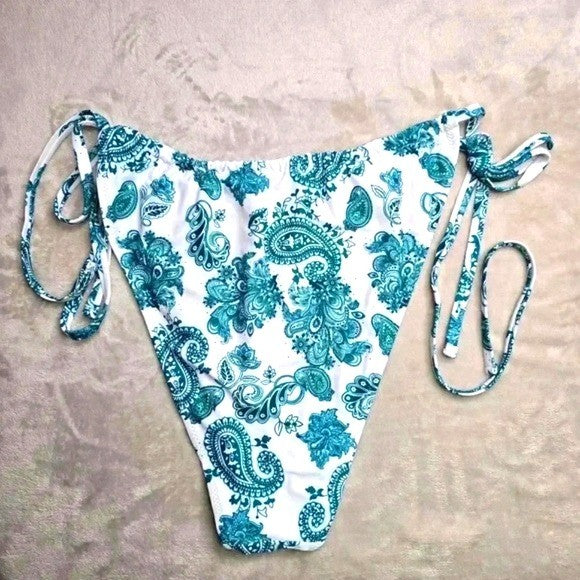 White Blue Paisley Floral Print String Tie Bikini Swimsuit Swimwear 2XL
