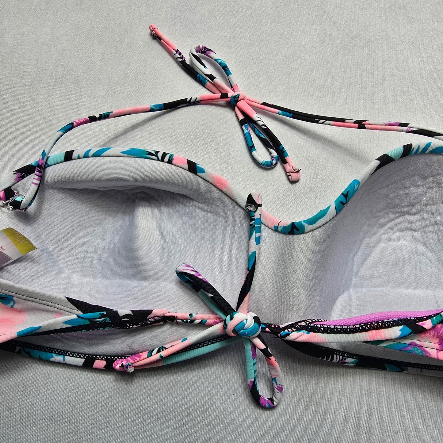 No Boundaries Pink Floral Padded Halter Tie Swim Bra Beach Bikini Top L Large