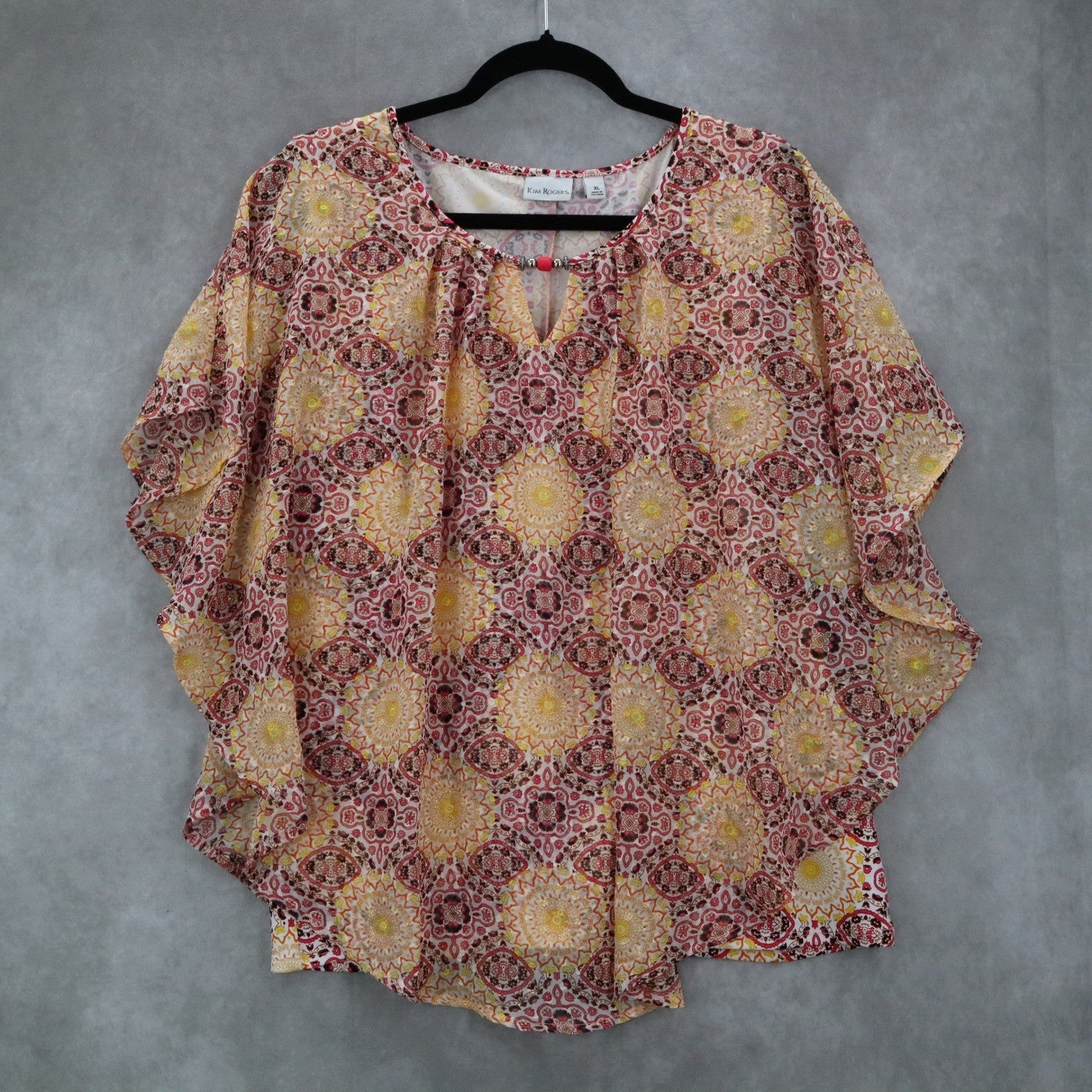 Kim Rogers Yellow Floral Dolam Casual Daisy Shine Palm Spring Bead Top Blouse XL