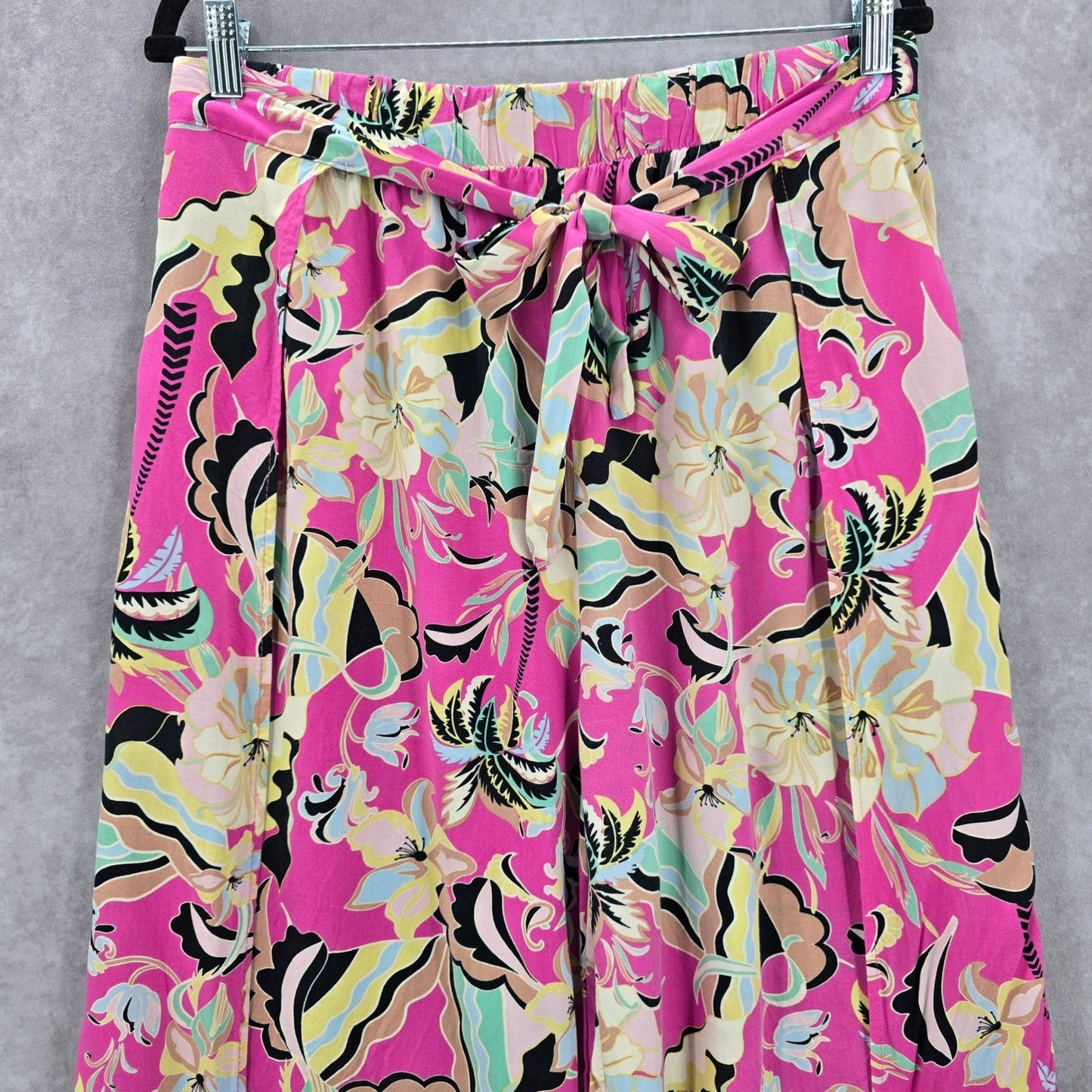 New Look Pink Floral Elastic Crop Belt Beach Boho Wide Leg Pants Trousers XL