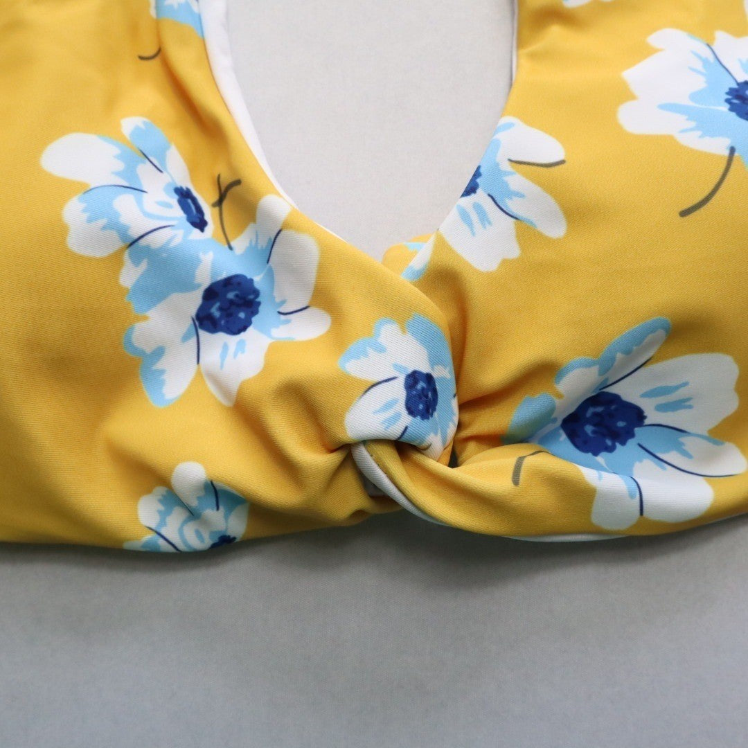 Yellow Floral Padded Halter Tie Knot Boho Swim Sports Bra Bikini Top L Large