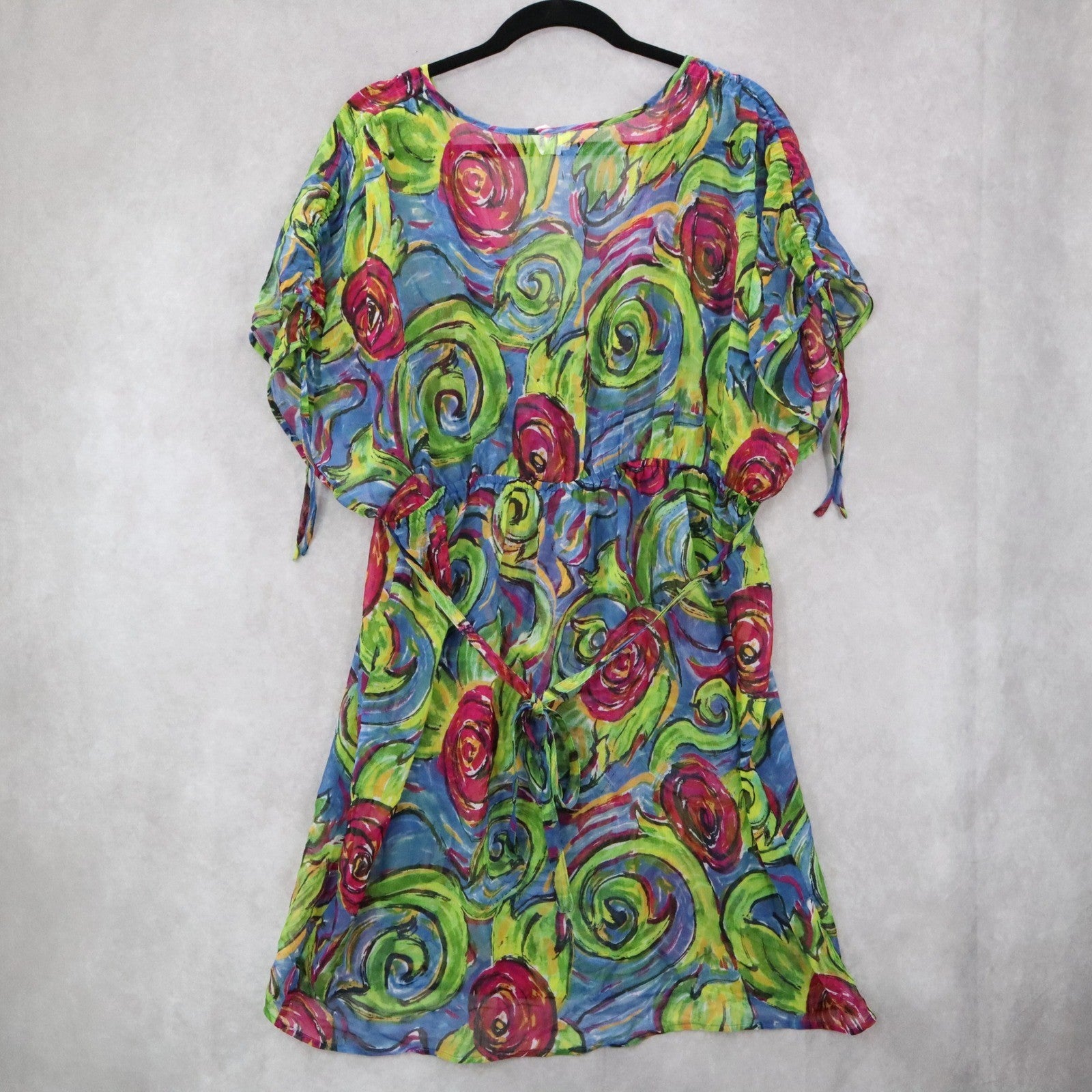 Boho Floral Swirl Sheer Festival Beach VTG Colorful Tunic Cover Up Dress L Large