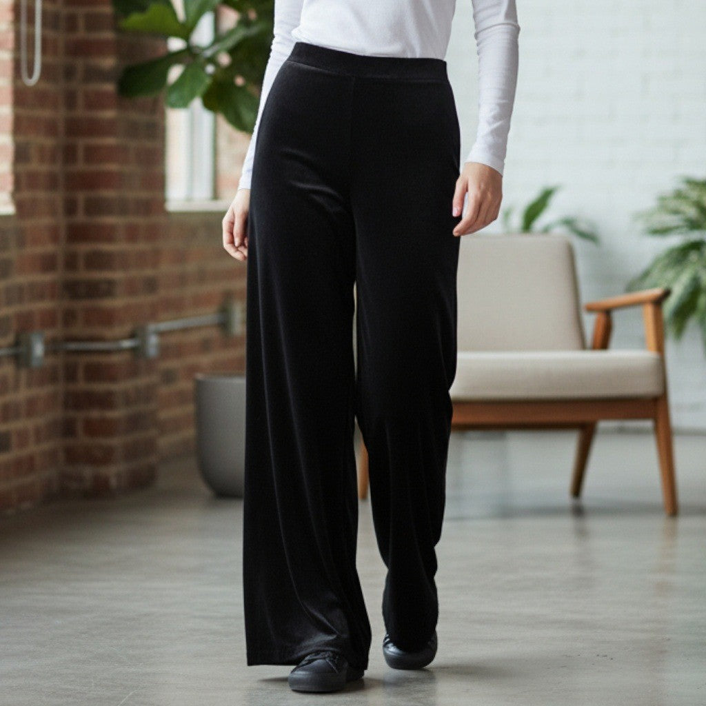Black Velvet Wide Leg Boho Pull On Party Glam Straight Leg Trousers Pant S Small