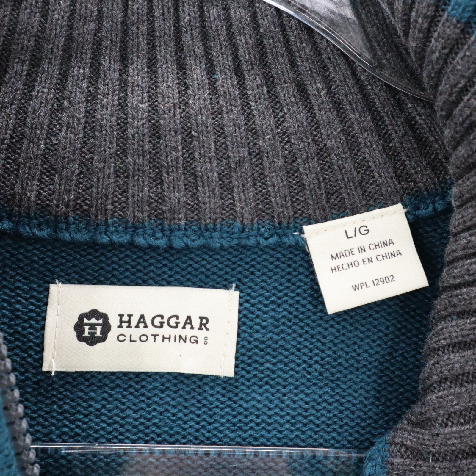 Haggar Teal Gray 1/4 Zip Sweater Knit Pullover Ribbed Collar Classic L Large